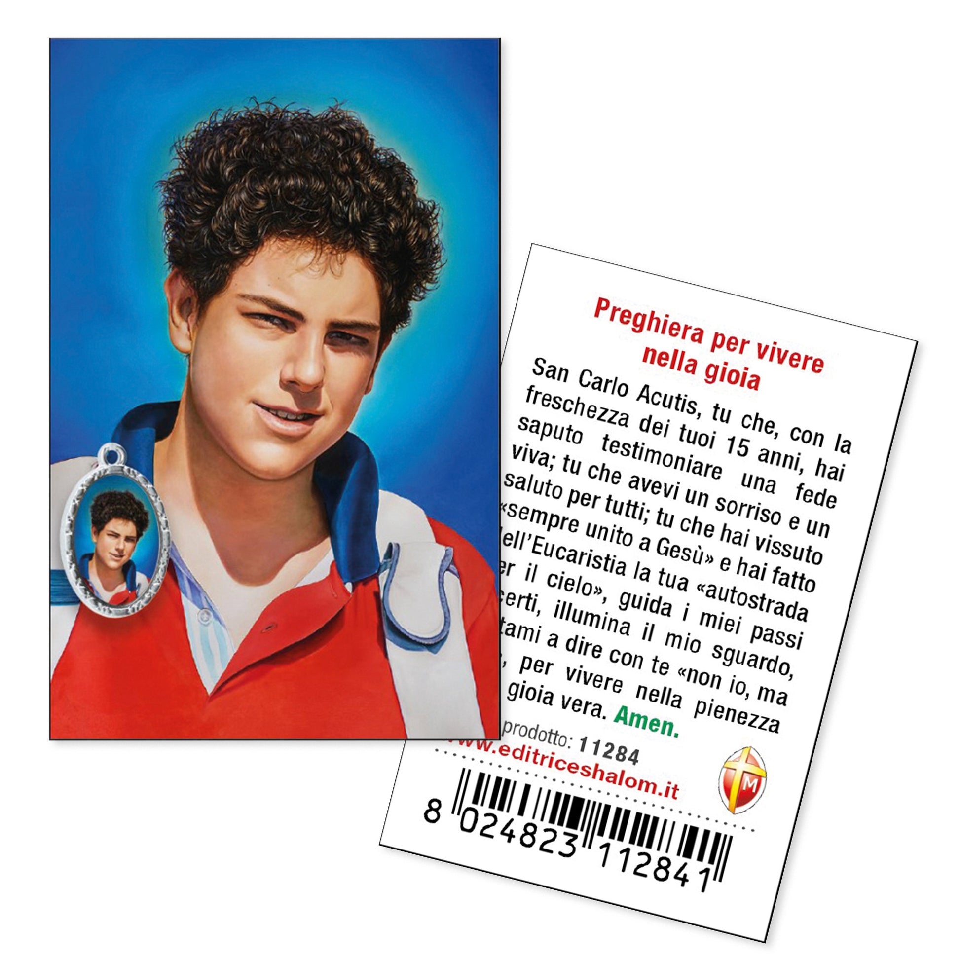 Confezione medaglia San Carlo Acutis e Santino " Preghiera per vivere nella gioia". Dimensioni 5x7 cm