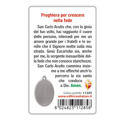 Card plastificata San Carlo Acutis con adesivo resinato e preghiera. Dimensioni 8,4x5,4 cm
