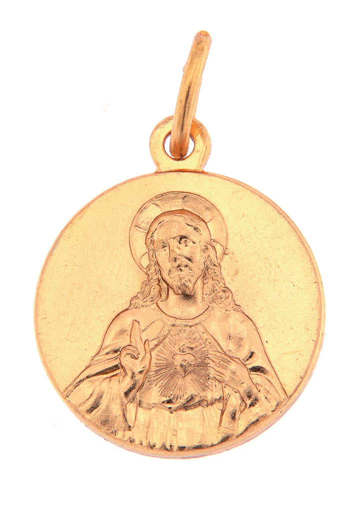 Medaglia sacro cuore di Gesù e di Maria in ottone dorato. Diametro 1,8 cm