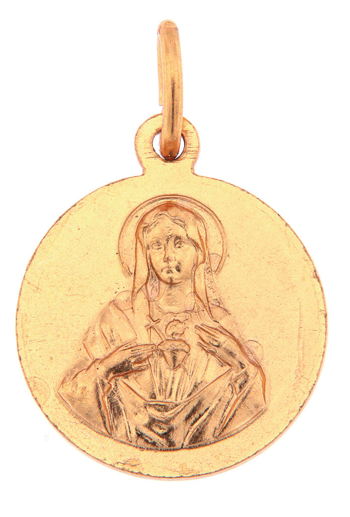 Medaglia sacro cuore di Gesù e di Maria in ottone dorato. Diametro 1,8 cm