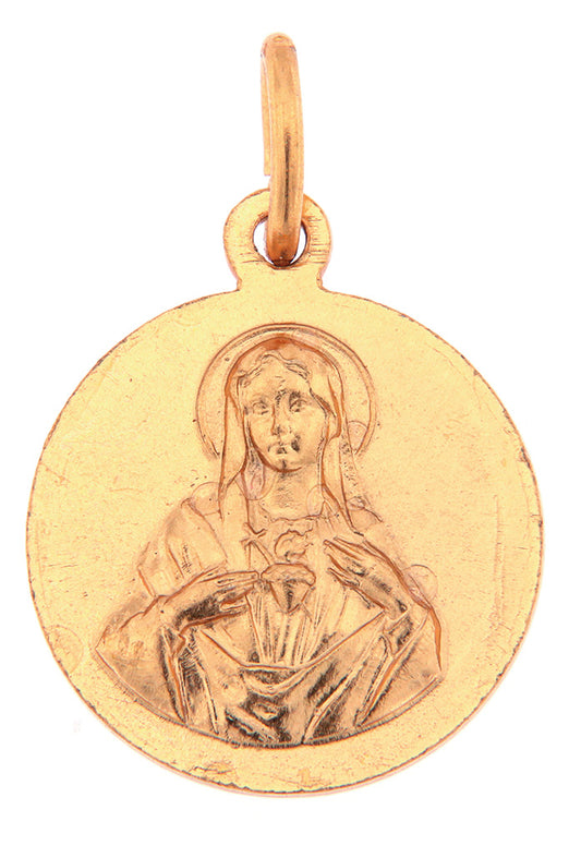 Medaglia sacro cuore di Gesù e di Maria in ottone dorato. Diametro 1,8 cm