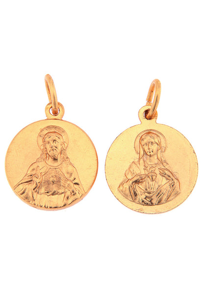 Medaglia sacro cuore di Gesù e di Maria in ottone dorato. Diametro 1,8 cm