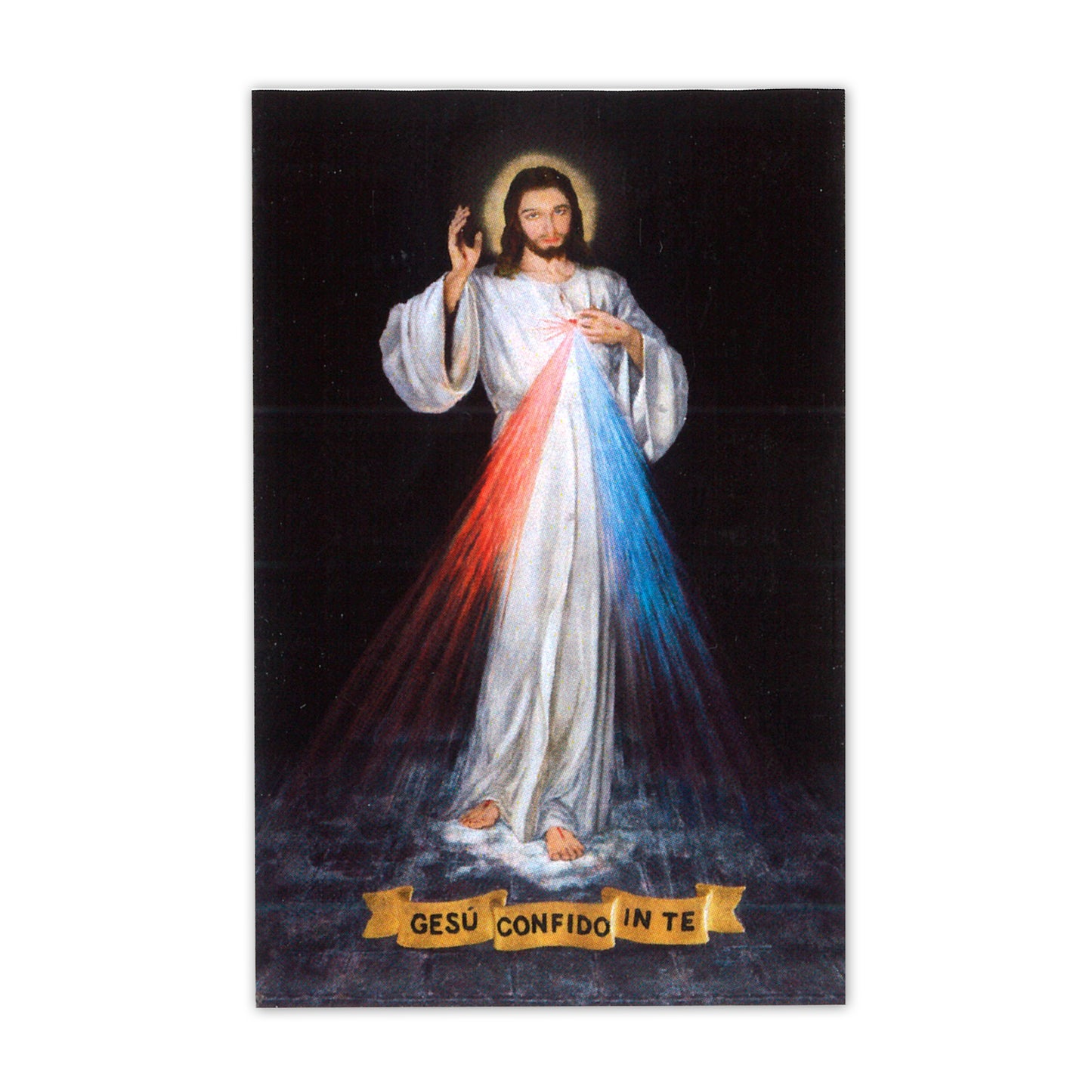 Confezione medaglia smaltata e preghiera - Gesù Misericordioso. Dimensioni 7x5 cm