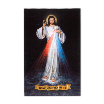 Confezione medaglia smaltata e preghiera - Gesù Misericordioso. Dimensioni 7x5 cm