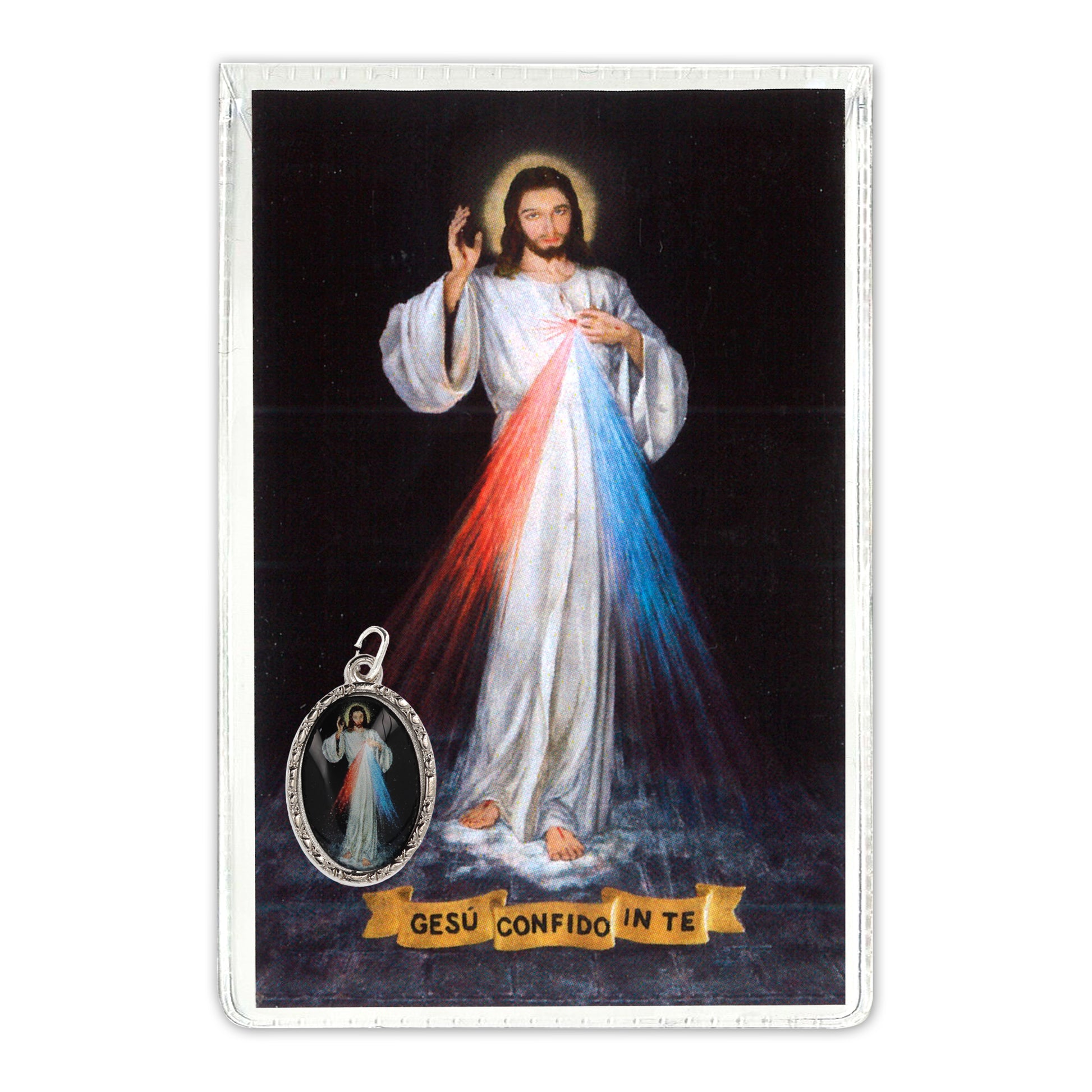 Confezione medaglia smaltata e preghiera - Gesù Misericordioso. Dimensioni 7x5 cm