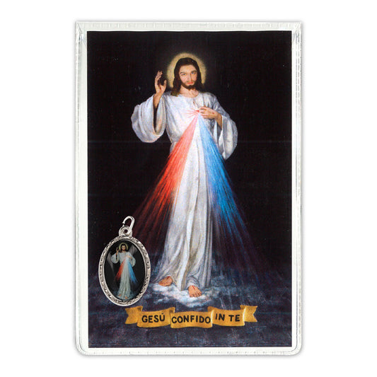 Confezione medaglia smaltata e preghiera - Gesù Misericordioso. Dimensioni 7x5 cm