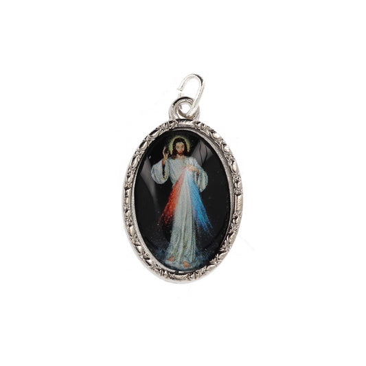 Confezione medaglia smaltata e preghiera - Gesù Misericordioso. Dimensioni 7x5 cm
