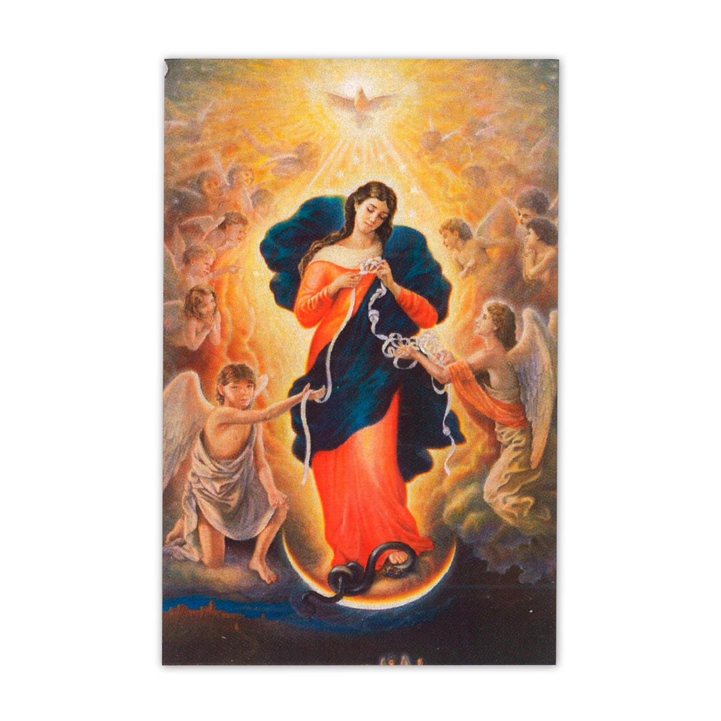 Confezione medaglia smaltata e preghiera - Maria che scioglie i nodi. Dimensioni 7x5 cm