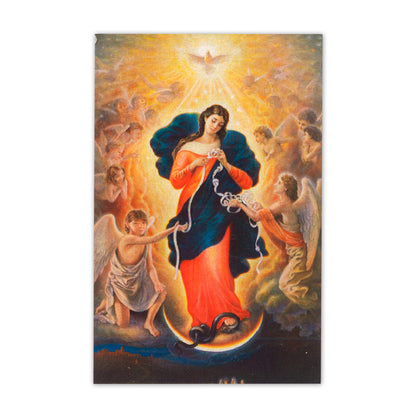 Confezione medaglia smaltata e preghiera - Maria che scioglie i nodi. Dimensioni 7x5 cm