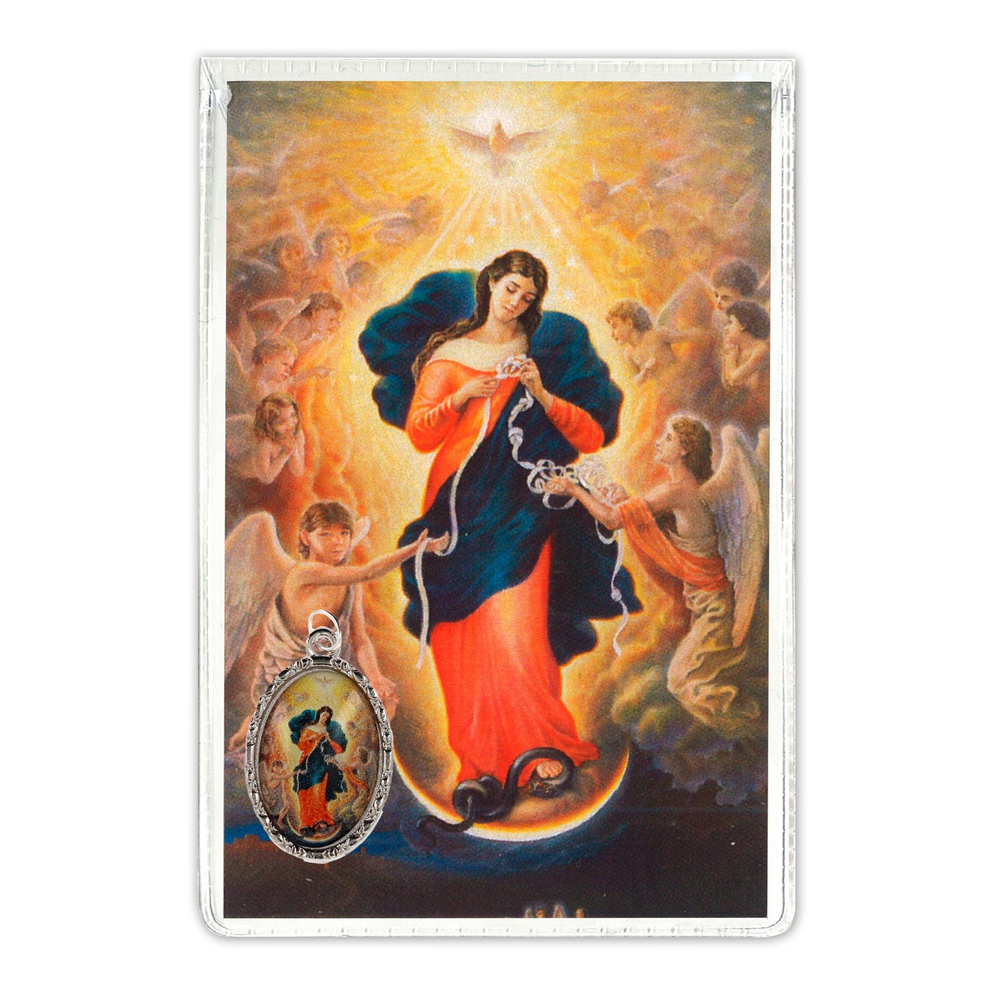 Confezione medaglia smaltata e preghiera - Maria che scioglie i nodi. Dimensioni 7x5 cm