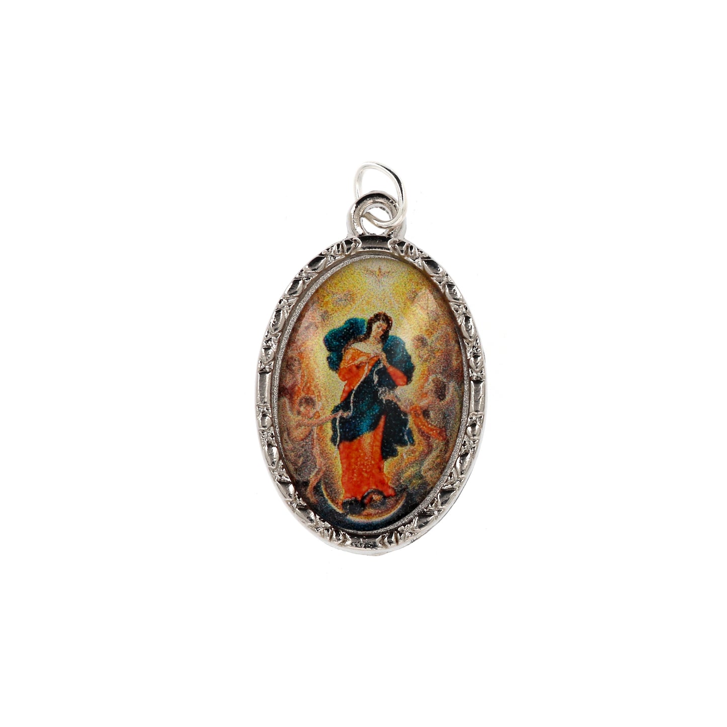 Confezione medaglia smaltata e preghiera - Maria che scioglie i nodi. Dimensioni 7x5 cm