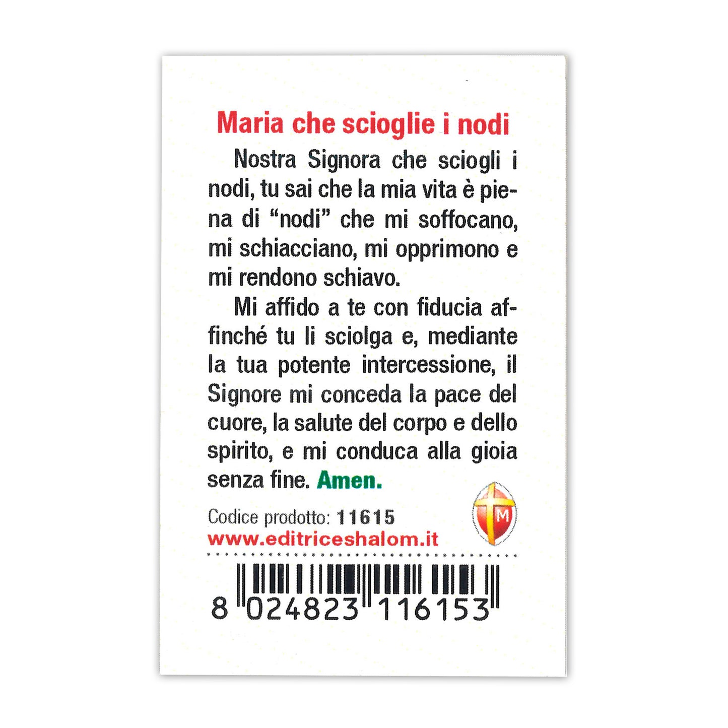 Confezione medaglia smaltata e preghiera - Maria che scioglie i nodi. Dimensioni 7x5 cm