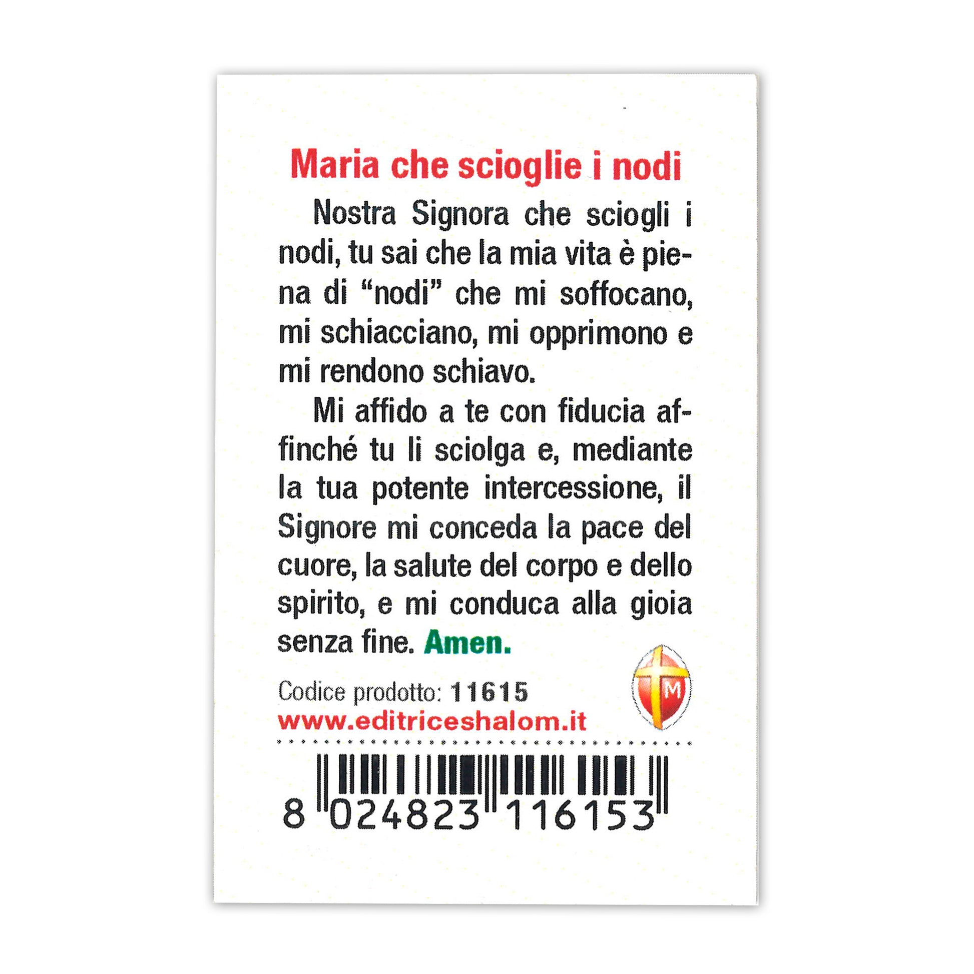 Confezione medaglia smaltata e preghiera - Maria che scioglie i nodi. Dimensioni 7x5 cm