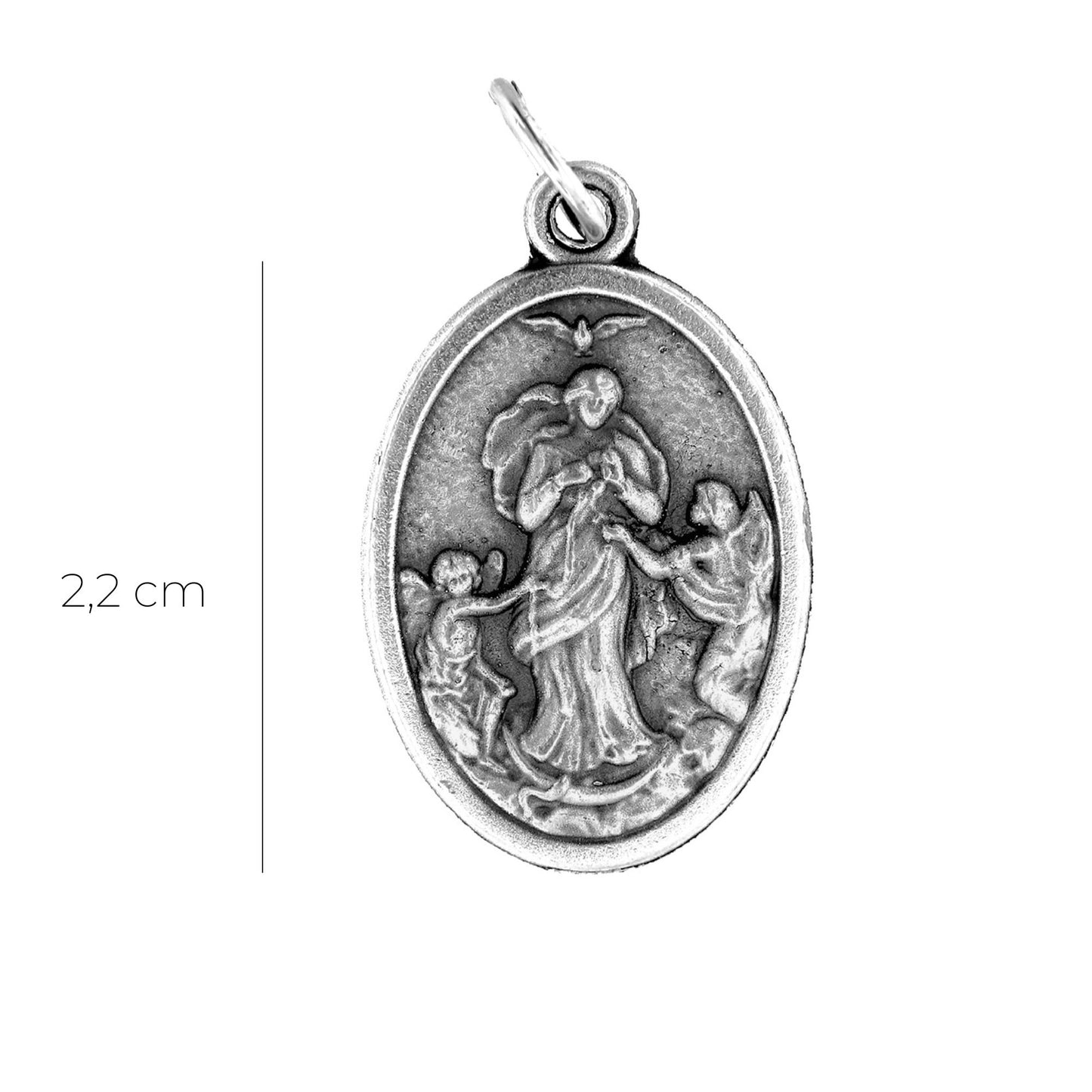 Medaglia Maria che scioglie i nodi e retro croce, in zama. Altezza 2,2 cm
