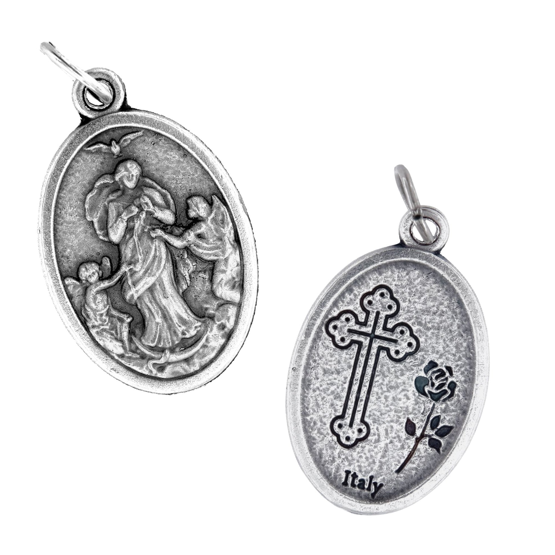 Medaglia Maria che scioglie i nodi e retro croce, in zama. Altezza 2,2 cm