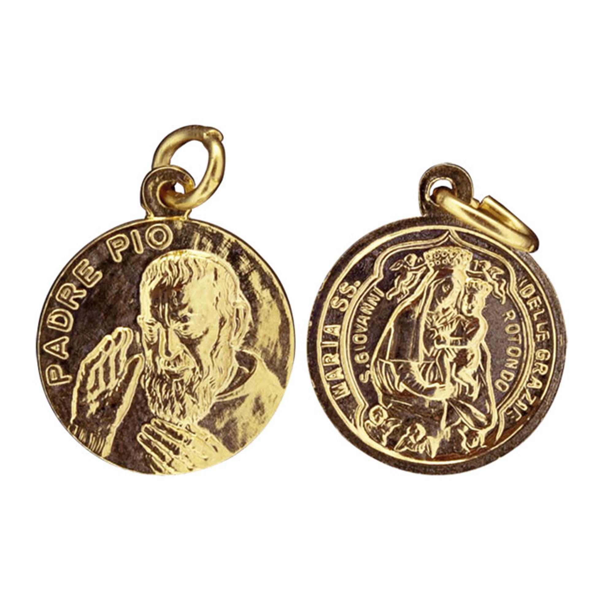 Medaglia San Pio e Madonna delle Grazie in ottone dorato 1,8 cm