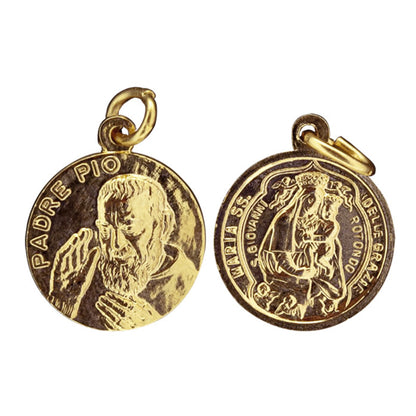 Medaglia San Pio e Madonna delle Grazie in ottone dorato 1,8 cm