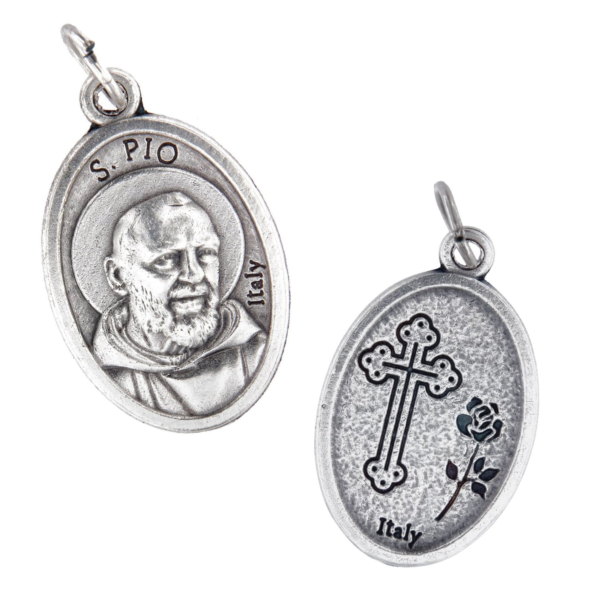 Medaglia San Pio e retro croce, in zama. Altezza 2,2 cm