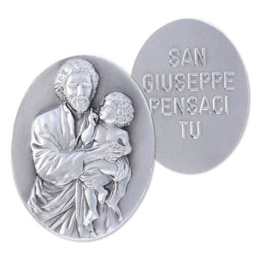 Medaglia targa san Giuseppe in ottone argentato. Altezza 4,8 cm