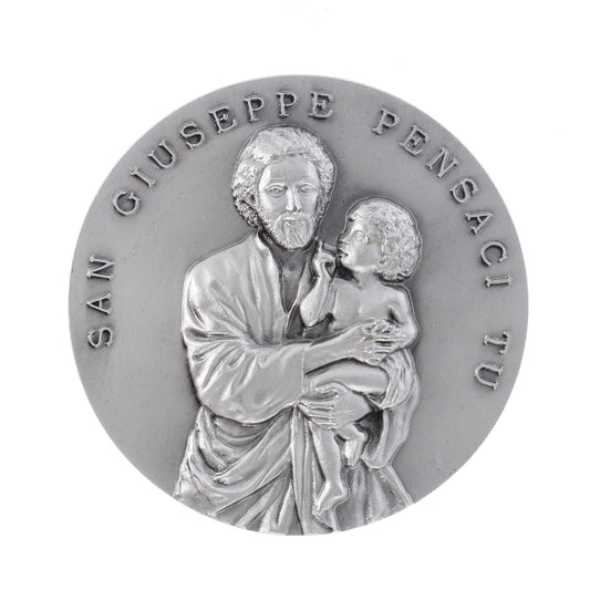 Medaglia San Giuseppe in ottone argentato. Diametro 6 cm