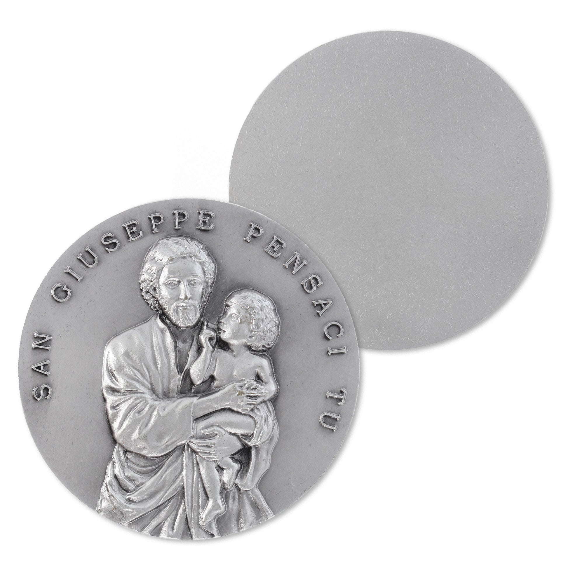Medaglia San Giuseppe in ottone argentato. Diametro 6 cm