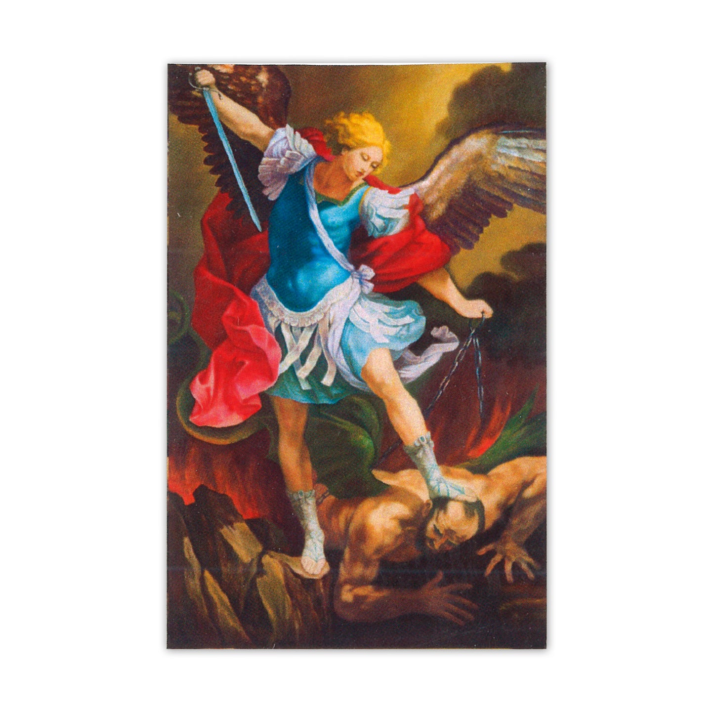 Confezione medaglia smaltata e preghiera - San Michele Arcangelo. Dimensioni 7x5 cm