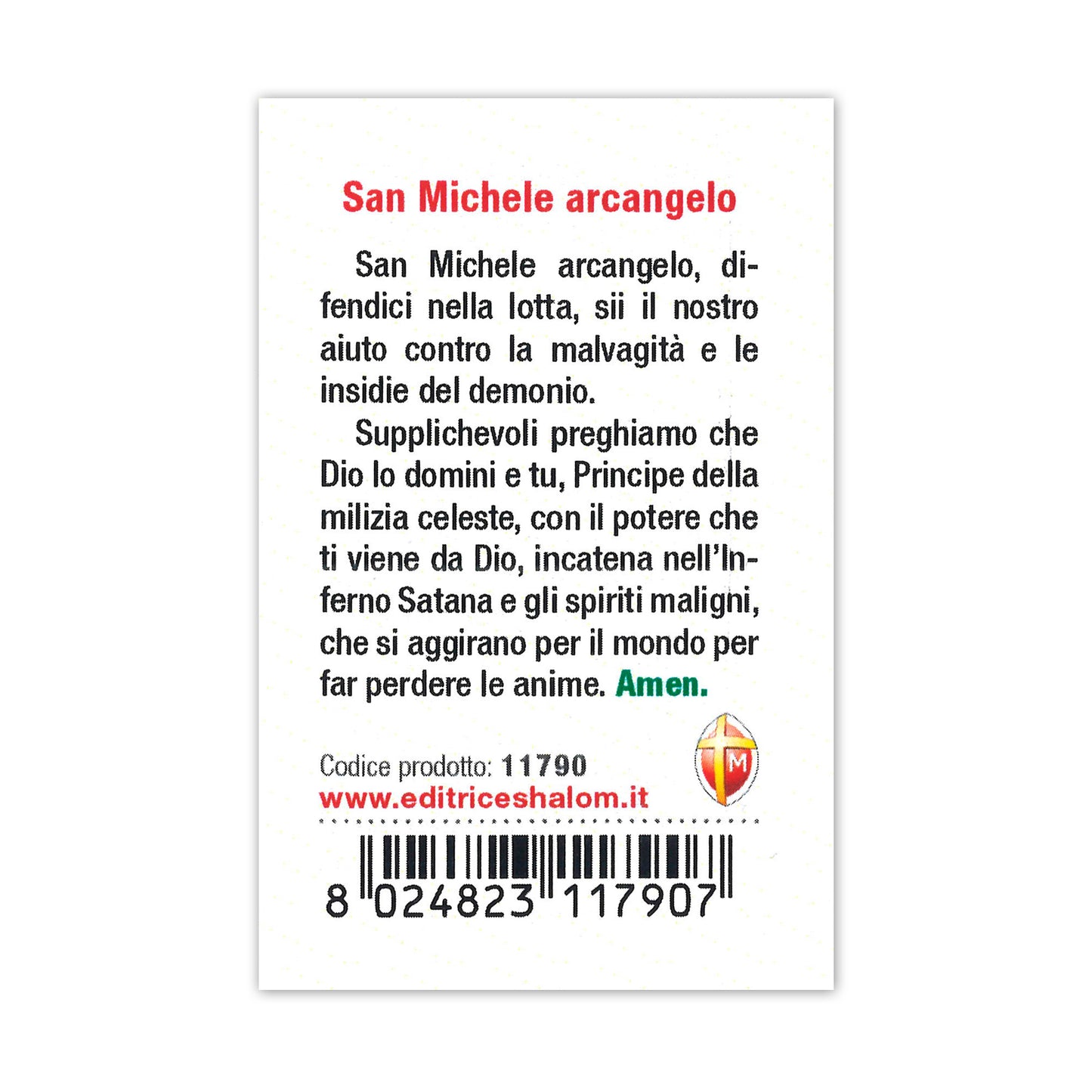 Confezione medaglia smaltata e preghiera - San Michele Arcangelo. Dimensioni 7x5 cm