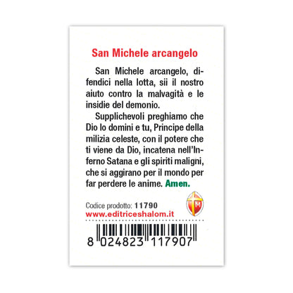 Confezione medaglia smaltata e preghiera - San Michele Arcangelo. Dimensioni 7x5 cm