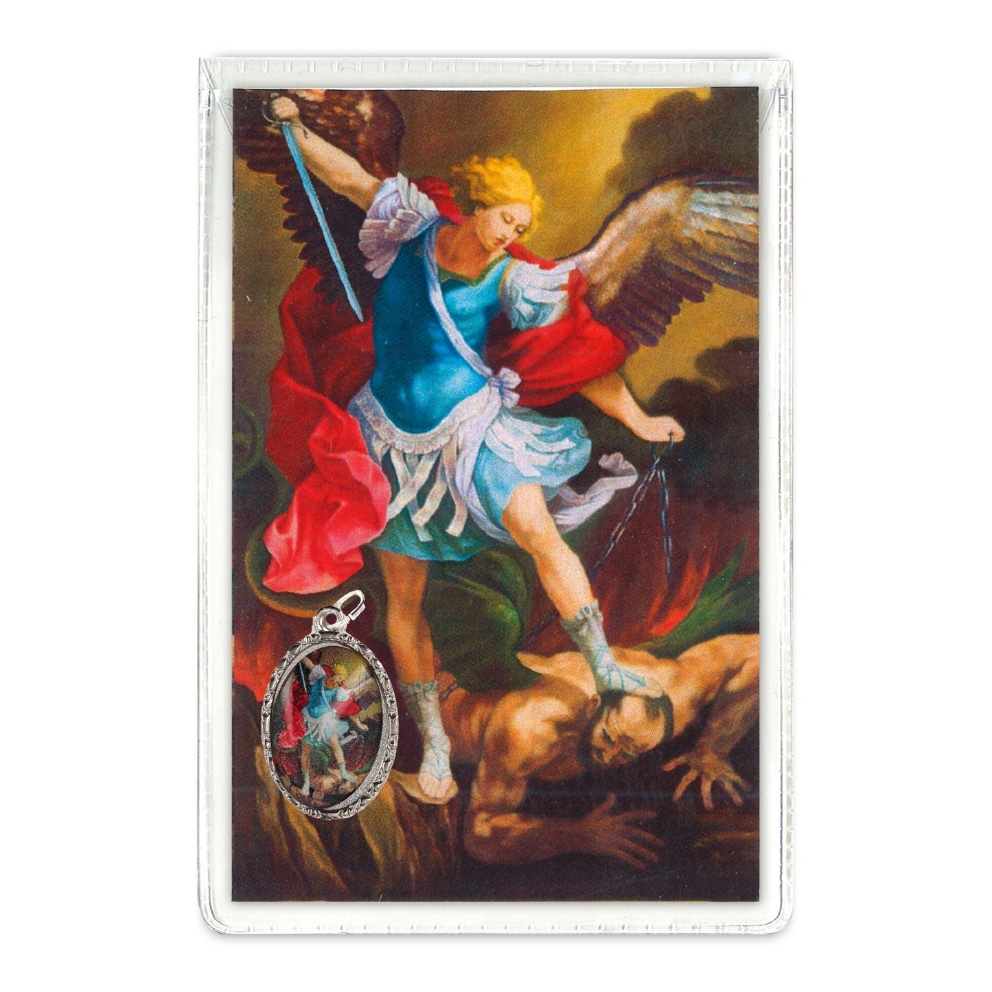 Confezione medaglia smaltata e preghiera - San Michele Arcangelo. Dimensioni 7x5 cm