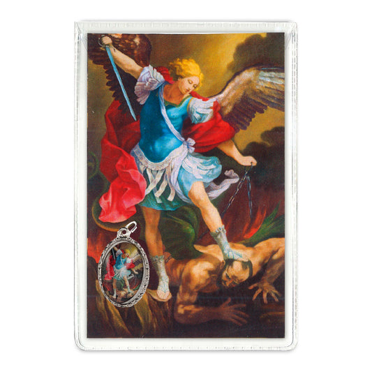 Confezione medaglia smaltata e preghiera - San Michele Arcangelo. Dimensioni 7x5 cm