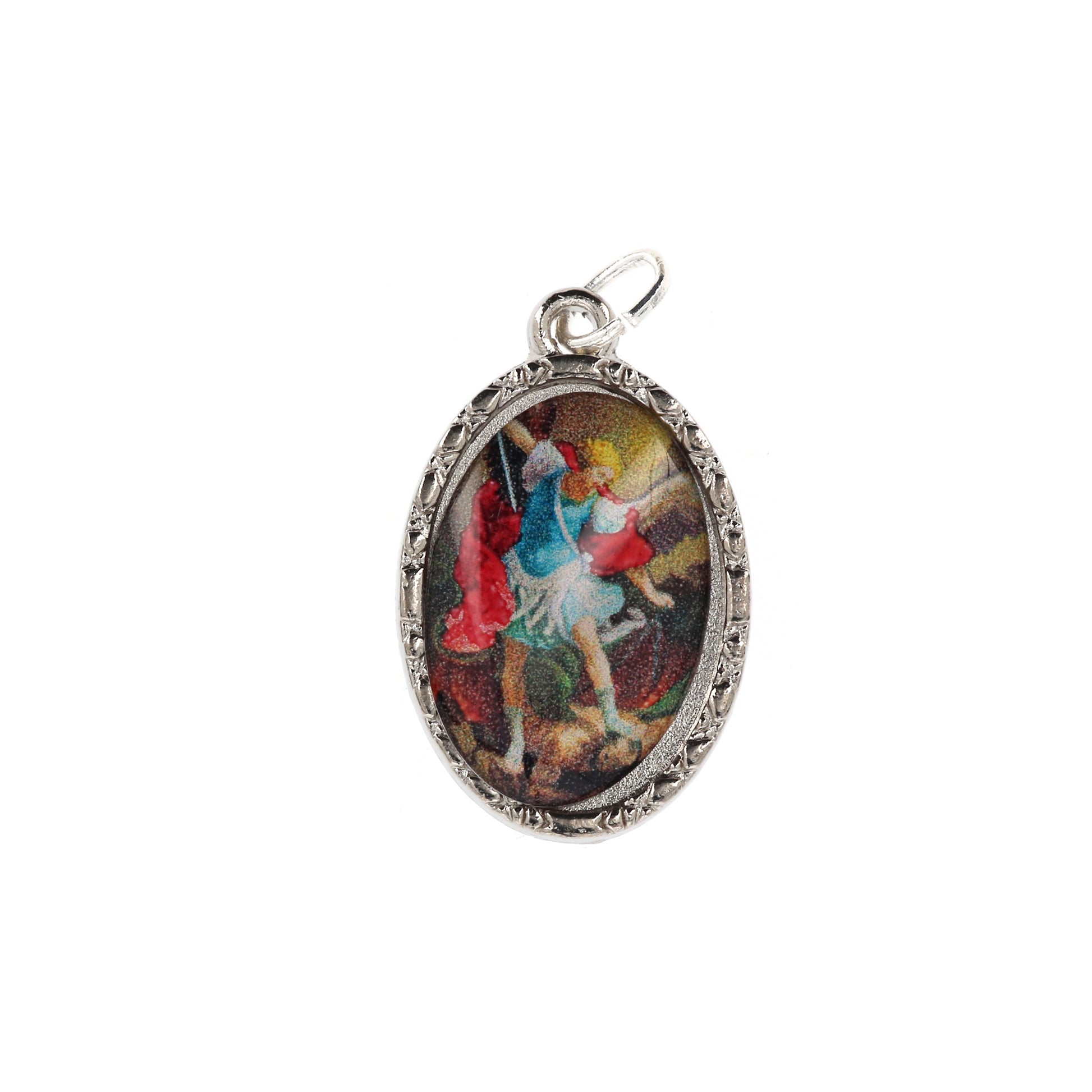 Confezione medaglia smaltata e preghiera - San Michele Arcangelo. Dimensioni 7x5 cm