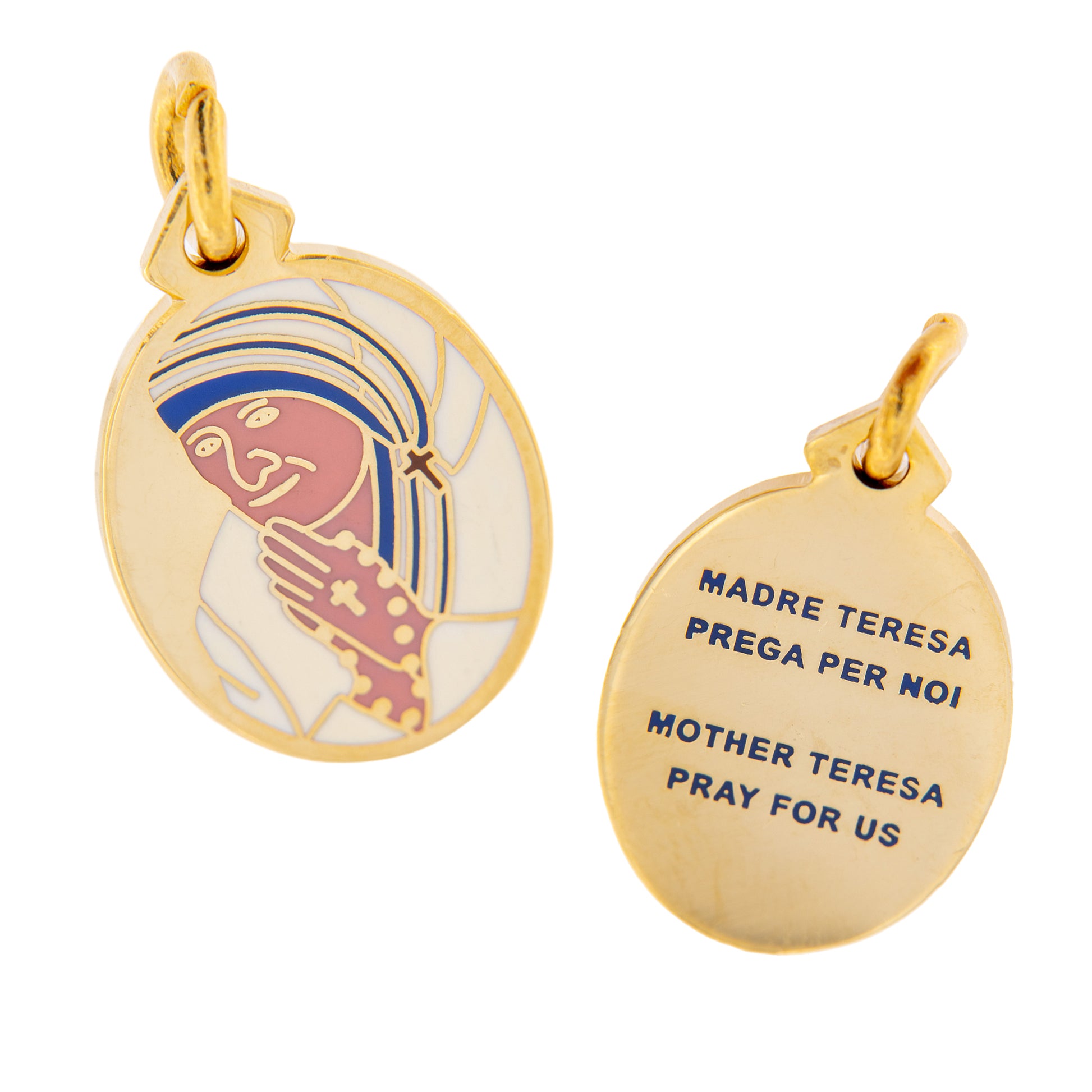 Medaglia madre Teresa in ottone smaltato bagnata oro. Altezza 2 cm
