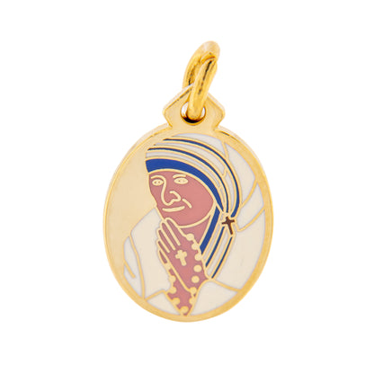 Medaglia madre Teresa in ottone smaltato bagnata oro. Altezza 2 cm