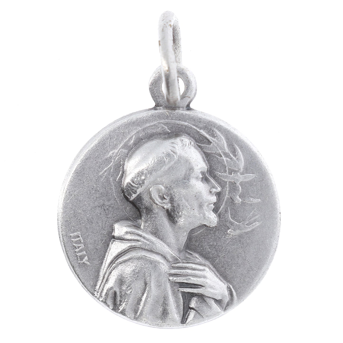 Medaglia san Francesco in ottone argentato. Diametro 1,8 cm