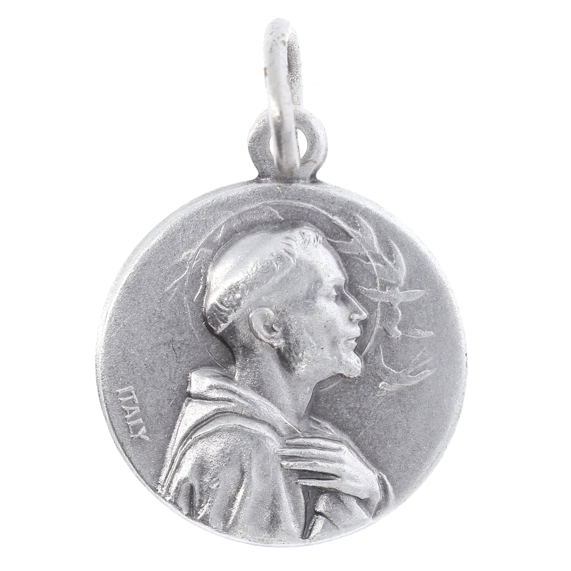 Medaglia san Francesco in ottone argentato. Diametro 1,8 cm