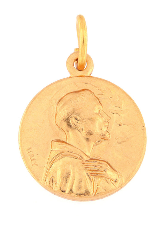 Medaglia san Francesco in ottone dorato. Diametro 1,8 cm