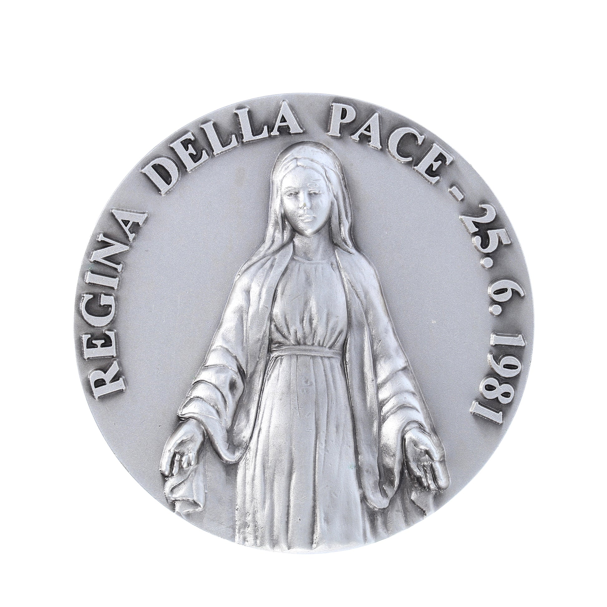 Medaglia targa Regina della Pace in ottone argentato 6 cm