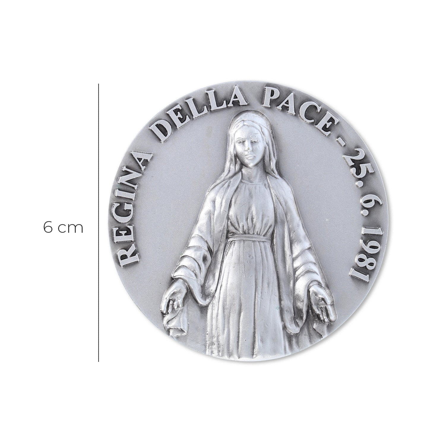 Medaglia targa Regina della Pace in ottone argentato 6 cm