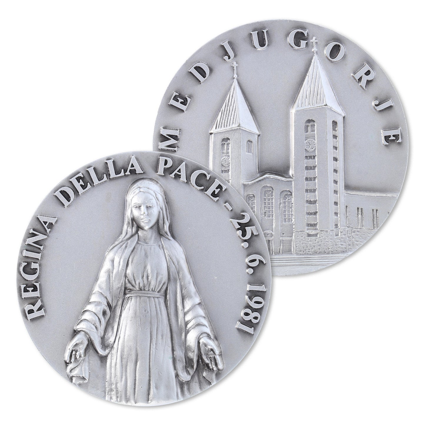 Medaglia targa Regina della Pace in ottone argentato 6 cm