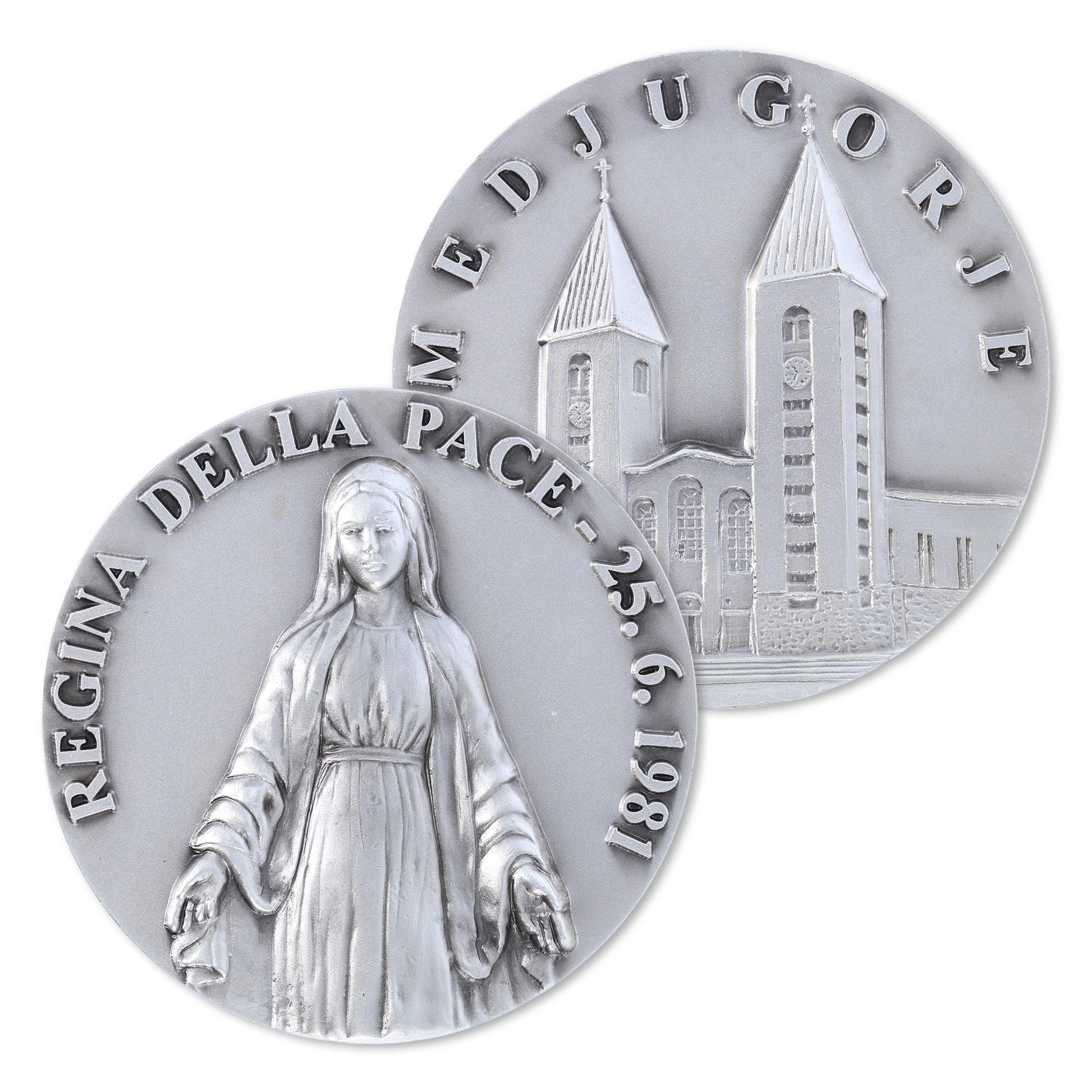 Medaglia targa Regina della Pace in ottone argentato 6 cm
