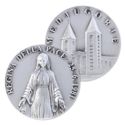 Medaglia targa Regina della Pace in ottone argentato 6 cm