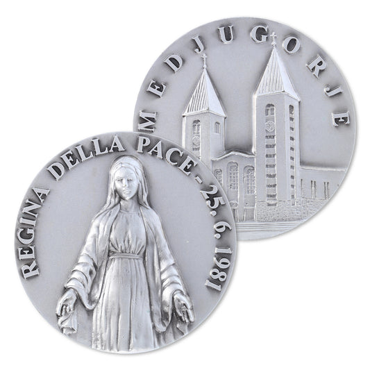Medaglia targa Regina della Pace in ottone argentato 6 cm