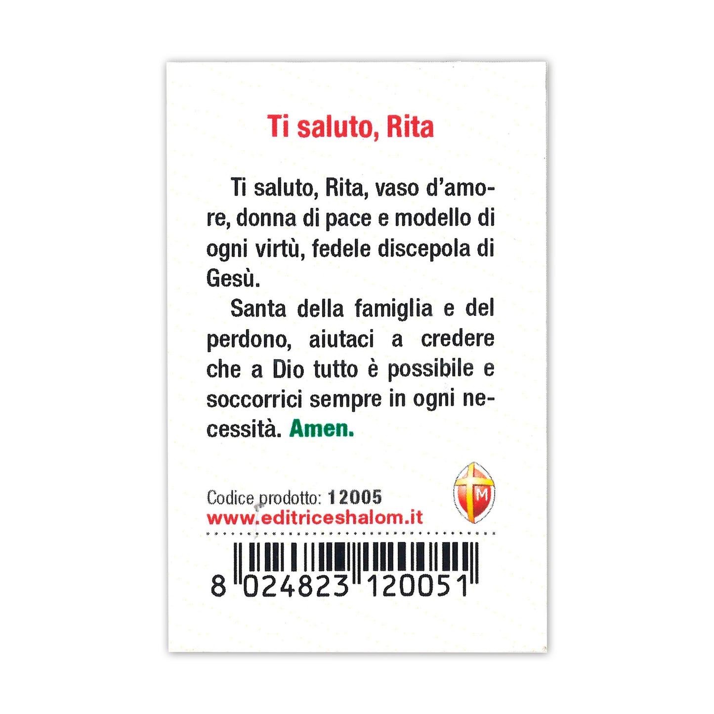 Confezione medaglia smaltata e preghiera - Santa Rita. Dimensioni 7x5 cm
