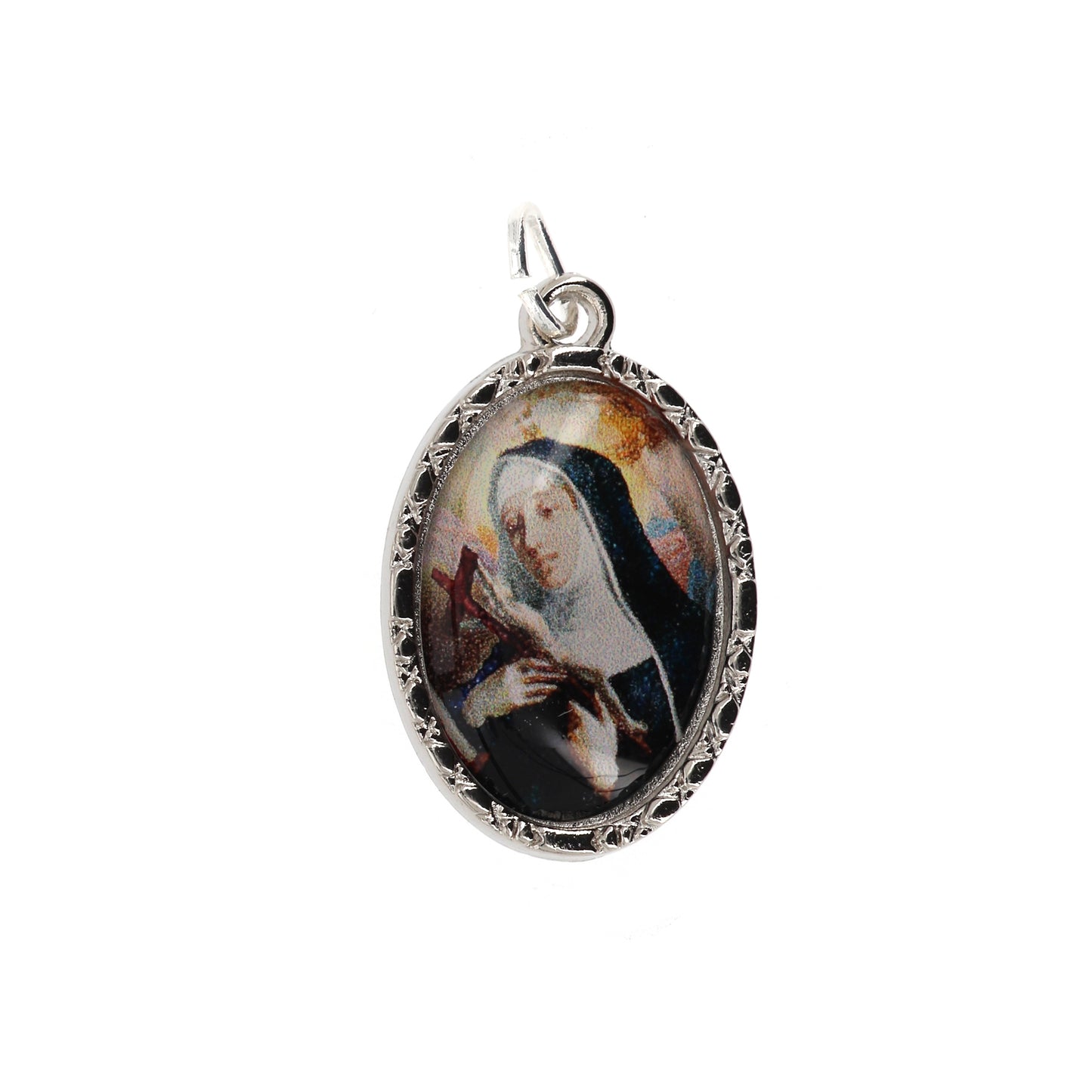 Confezione medaglia smaltata e preghiera - Santa Rita. Dimensioni 7x5 cm
