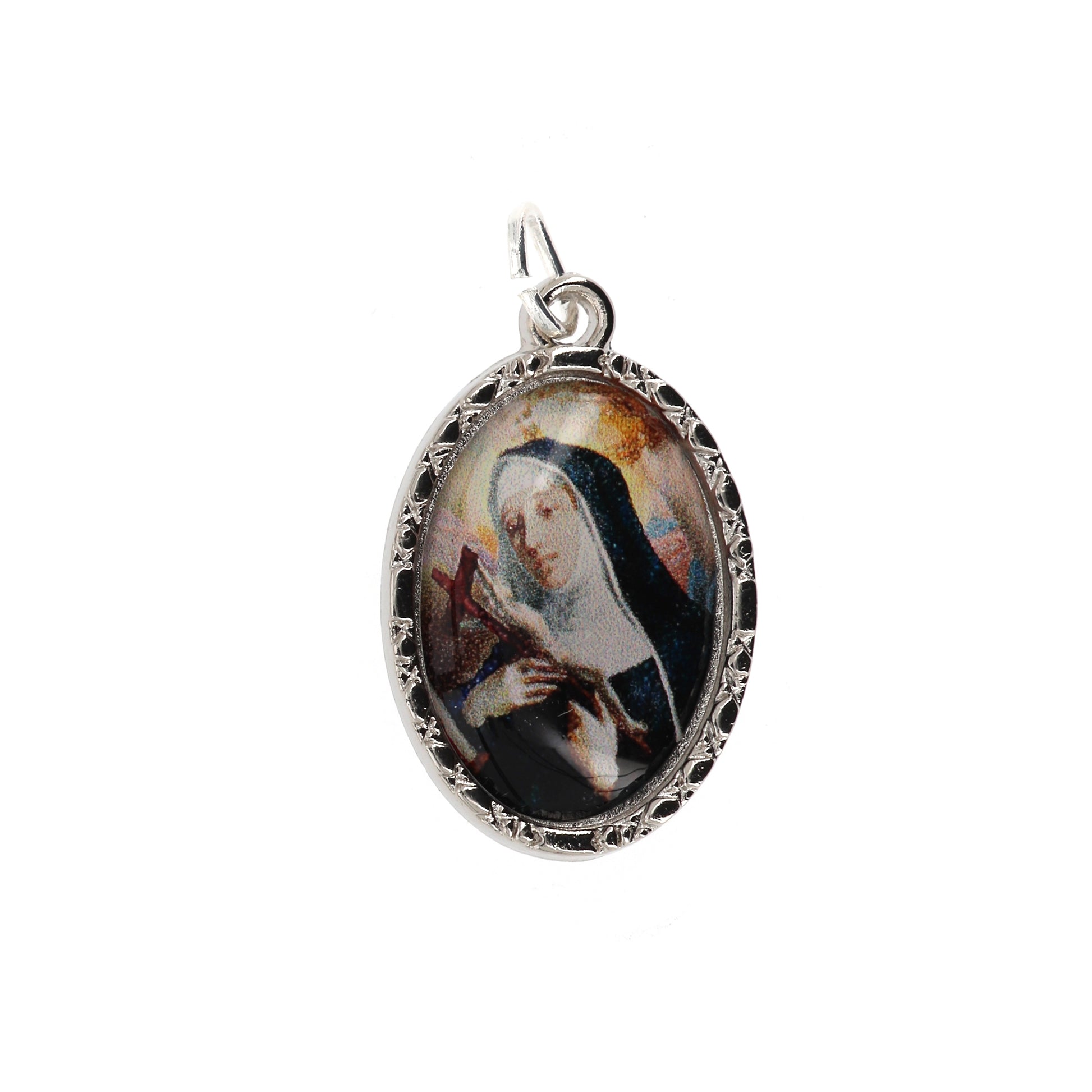 Confezione medaglia smaltata e preghiera - Santa Rita. Dimensioni 7x5 cm
