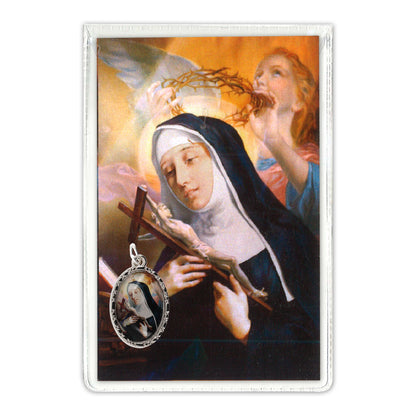 Confezione medaglia smaltata e preghiera - Santa Rita. Dimensioni 7x5 cm
