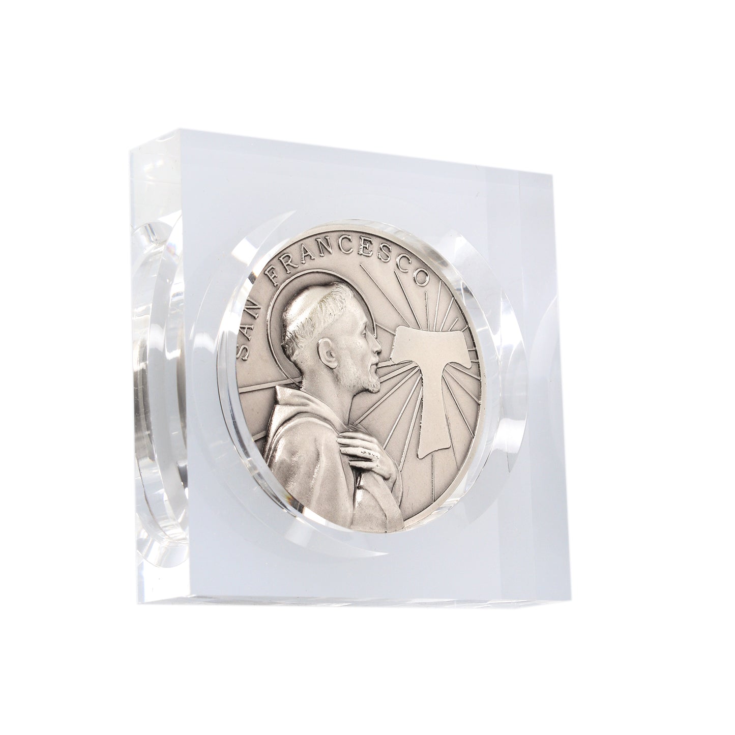 Soprammobile in plexiglass con medaglia Beato Carlo Acutis. Dimensioni 8,6x8,6 cm