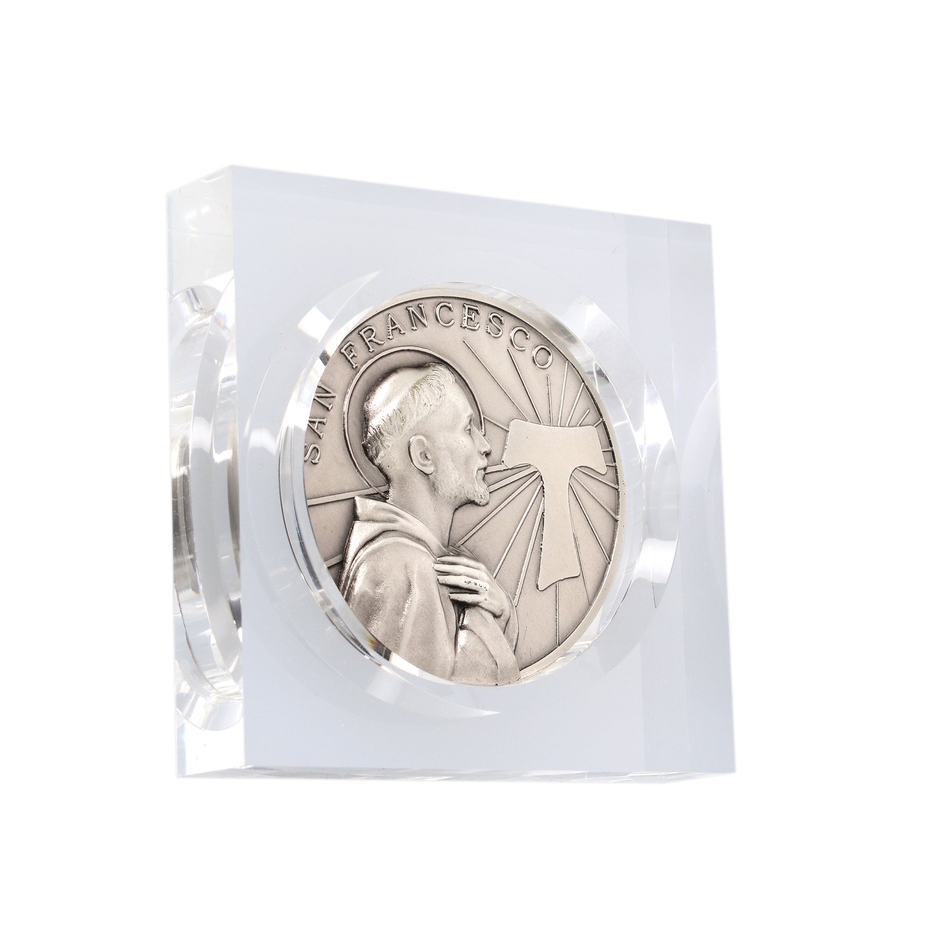 Soprammobile in plexiglass con medaglia Beato Carlo Acutis. Dimensioni 8,6x8,6 cm