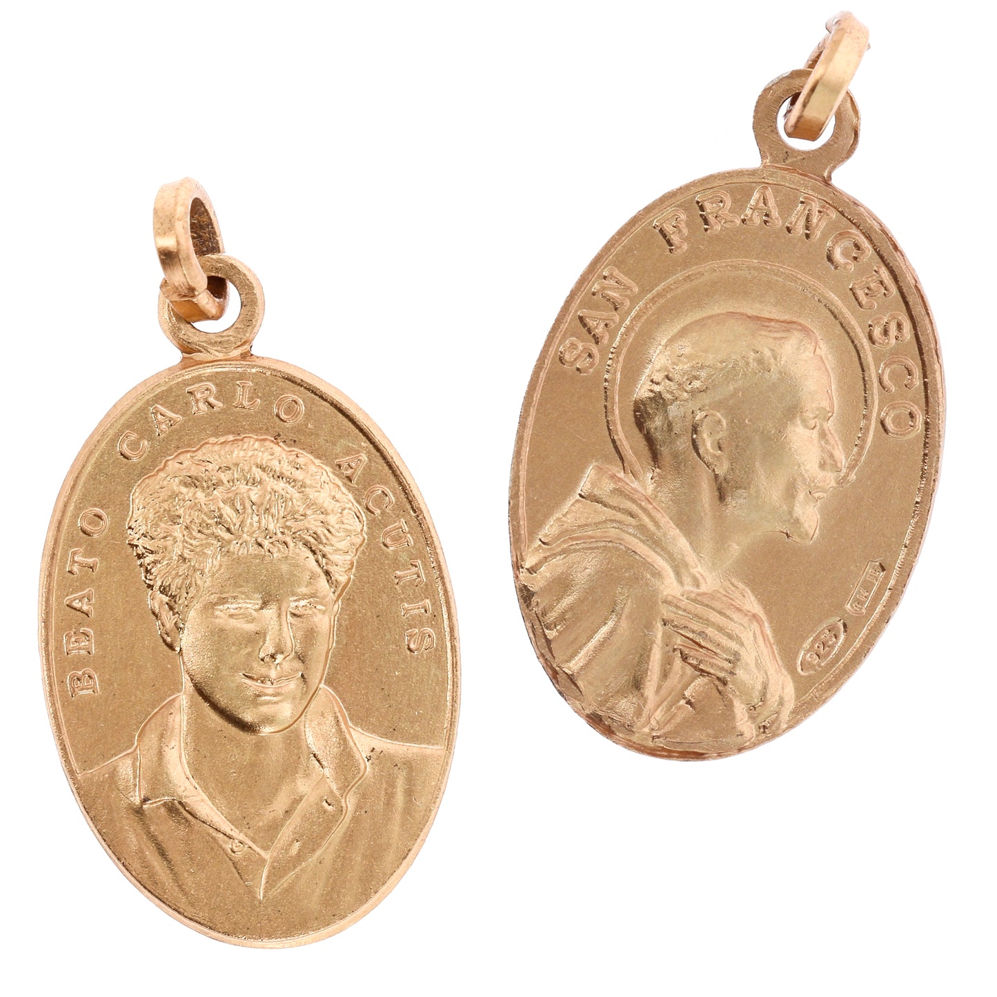 Medaglia Beato Carlo Acutis e S.Francesco, argento 925 dorato. Altezza 2,2 cm