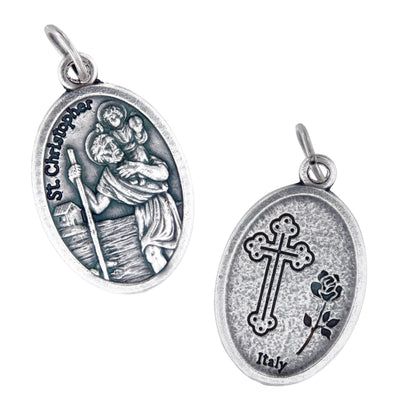 Medaglia San Cristoforo e retro croce, in zama. Altezza 2,2 cm